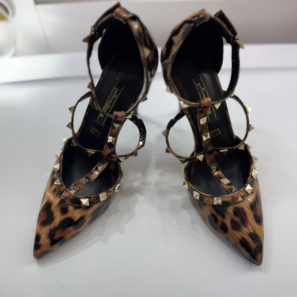 Leopard stilettos with gold studs heels sz 7